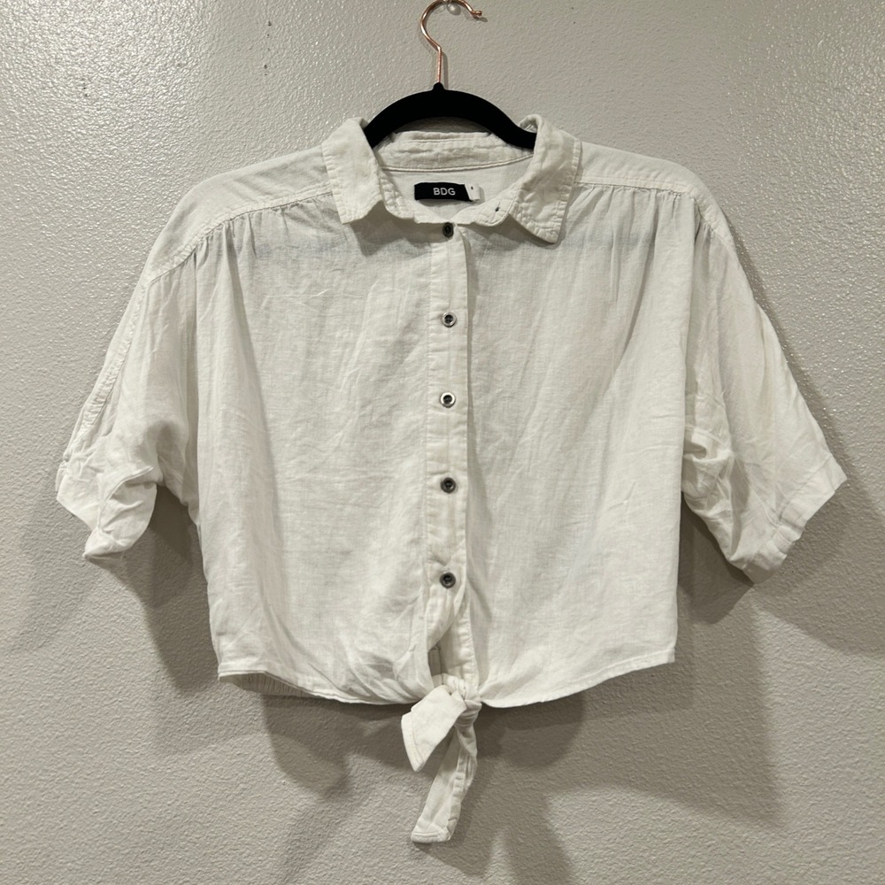 BDG White‎ Linen Blend Tie Front Cropped Button Up Shirt Size Women's Size XS